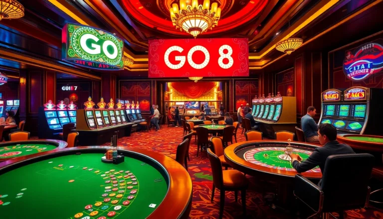 Experience the thrill of live gambling with GO 8 chip stacks and vibrant roulette tables in a luxury casino setting.