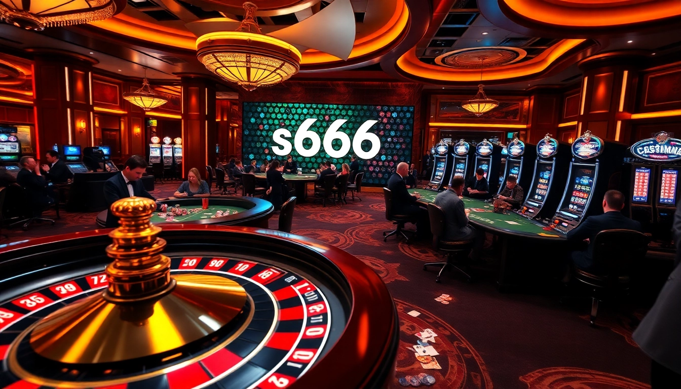 S666 đăng nhập as players engage in a thrilling casino atmosphere, with roulette and poker games.