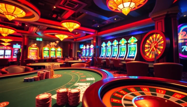 A bustling casino scene capturing players at tables and slot machines, infused with the excitement of https://go8.food/ gambling adventures.