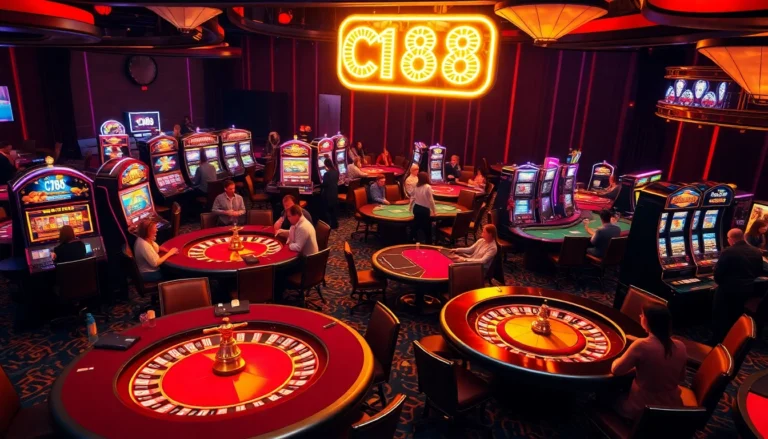 Experience the thrill of gambling at C168 casino tables with lively players, vibrant slot machines, and exciting roulette wheels.