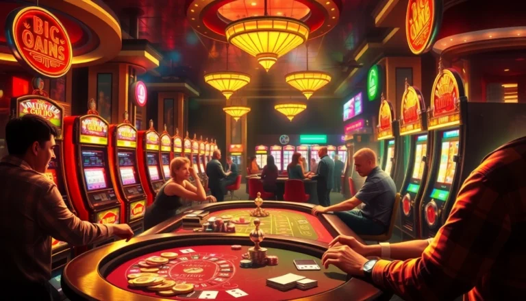 The vibrant scene of a thrilling casino night experience with 5MB of excitement as players engage with roulette and slot machines.