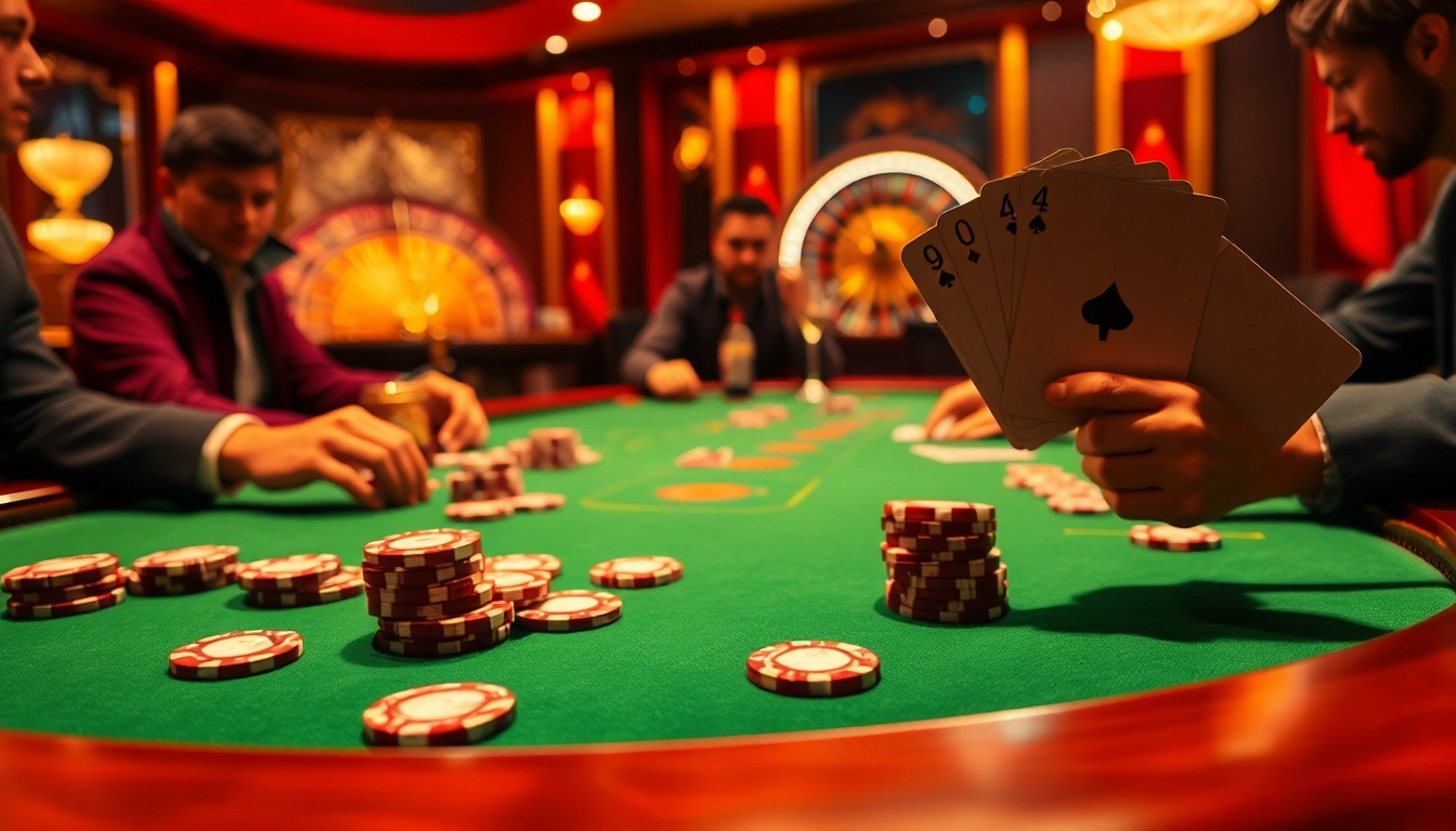 Go8 chips shine on a vibrant poker table as players strategize their next winning moves in a lively casino atmosphere.