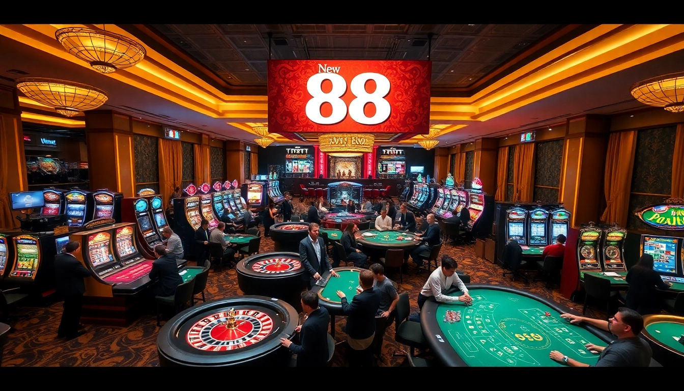 Enjoying a thrilling game at the New 88 casino with vibrant tables and excited players.