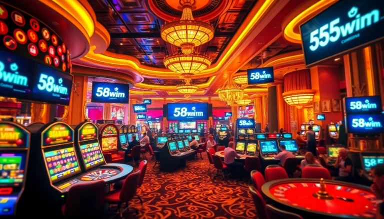 Explore the thrilling ambiance of 58win com with vibrant slot machines and poker tables alive with excitement.