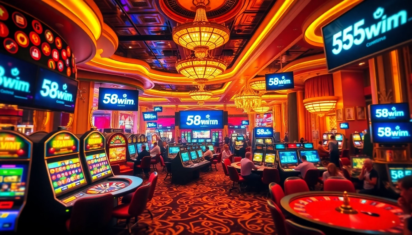 Explore the thrilling ambiance of 58win com with vibrant slot machines and poker tables alive with excitement.
