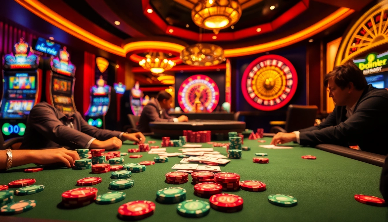 A bustling casino scene showing a high-stakes poker game with "32win 32" chips prominently displayed amidst players focusing on their strategies.