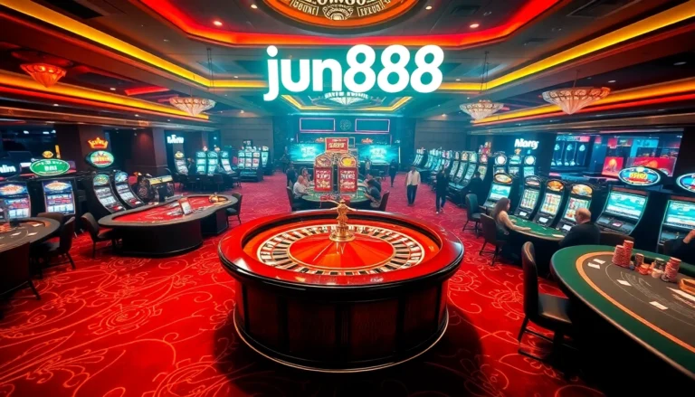 Experience the thrill of jun888 at a bustling casino with roulette tables and vibrant players betting.