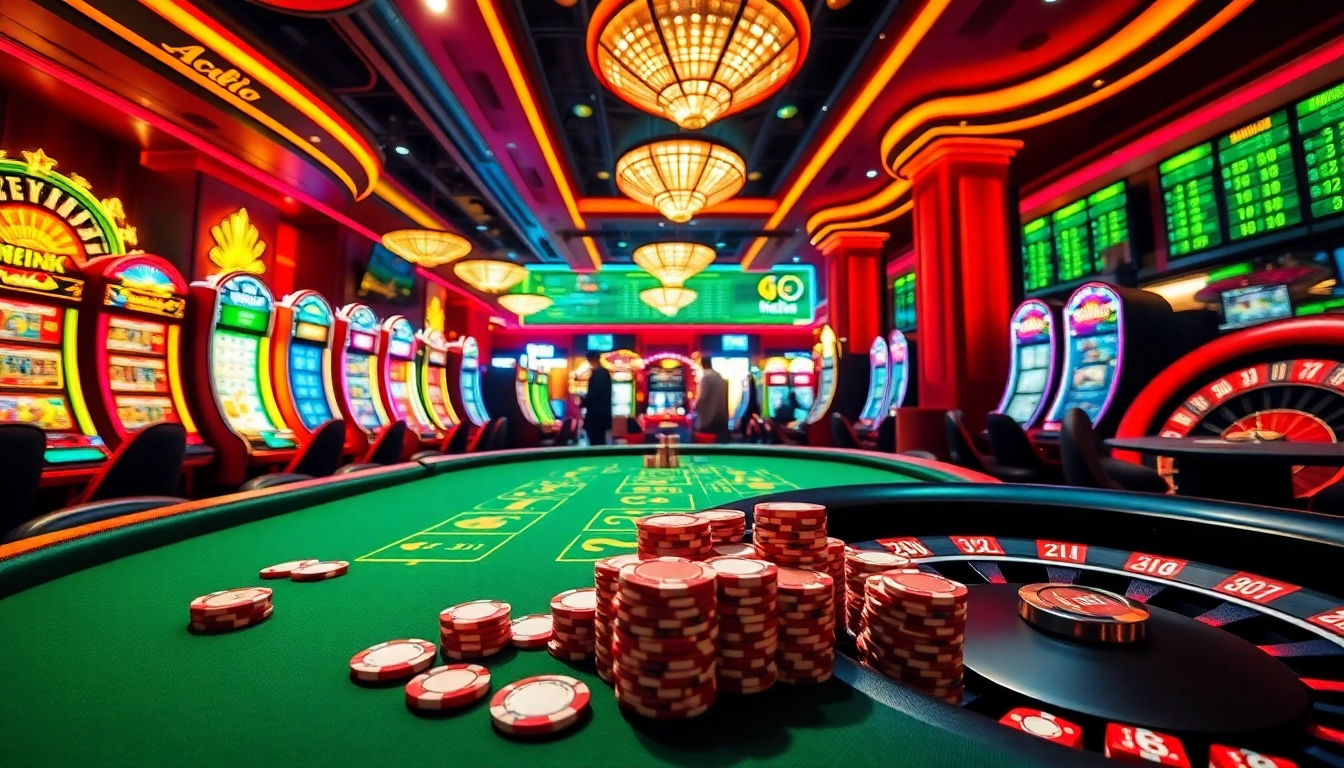 Experience excitement with new88 at a vibrant casino floor with poker tables and slot machines.