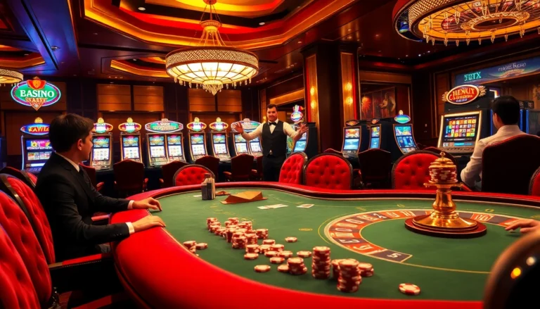 A lively casino scene featuring players at a poker table at 79kingg.store, immersed in the action with vibrant slot machines in the background.