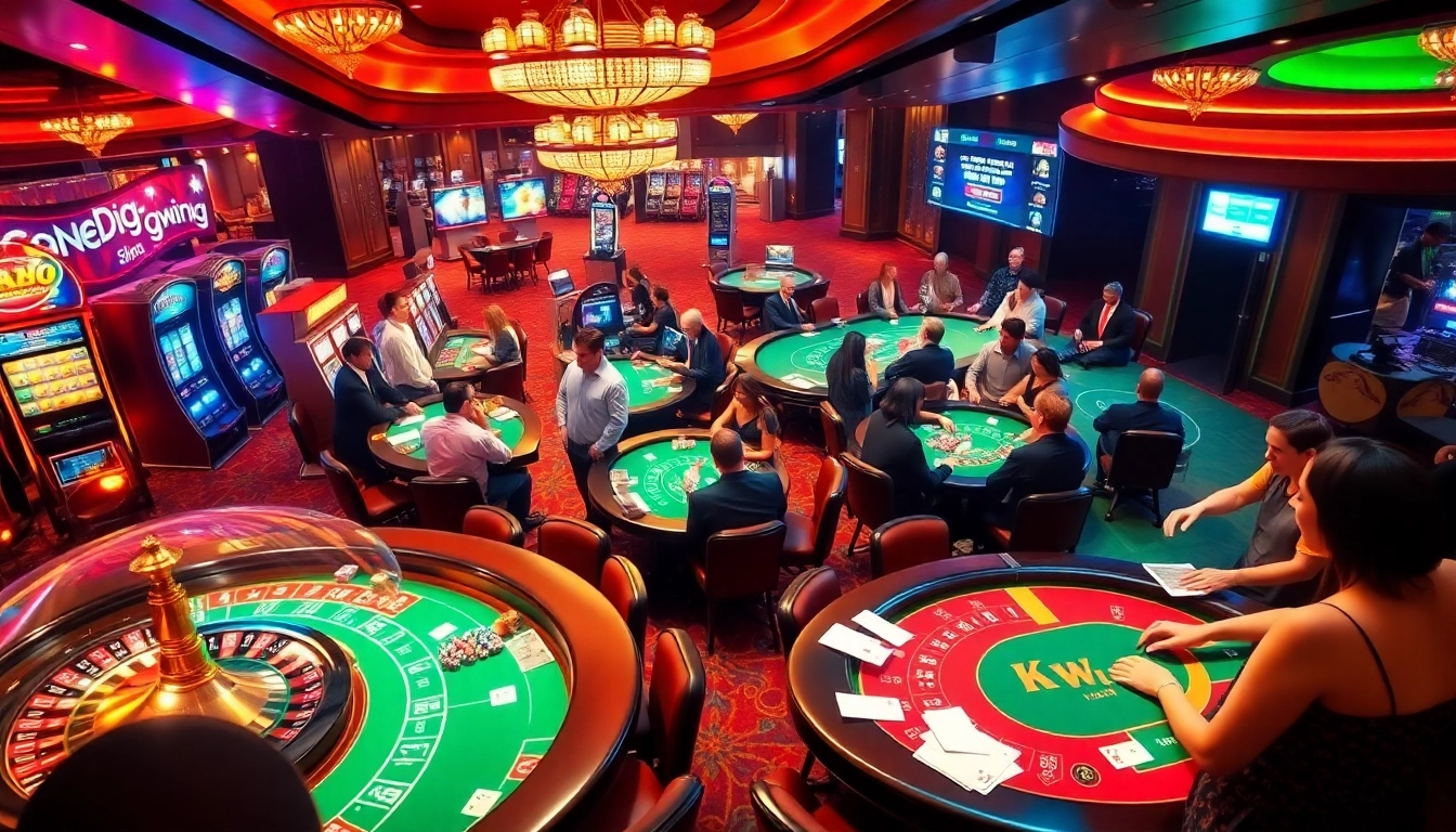 A vibrant casino scene showcasing players at tables with games from https://kkwinzz.com/, capturing excitement and community.