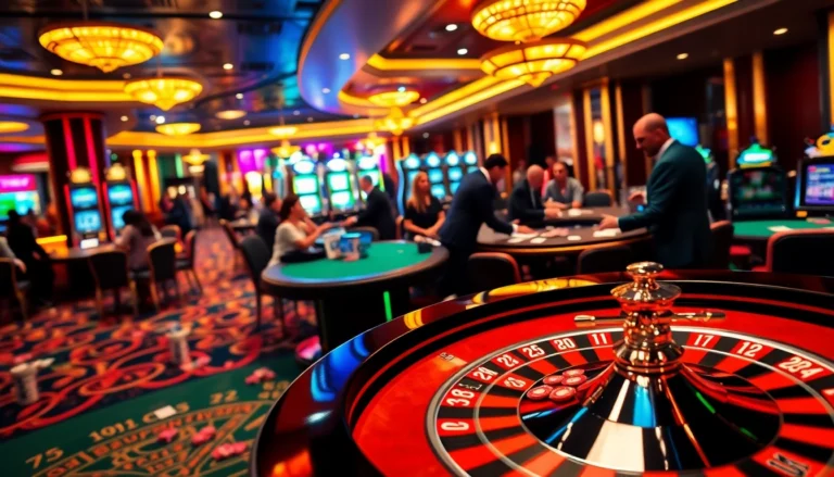 Experience the thrills of gambling at https://jun88bet.net/ with players at an exciting roulette table amidst a vibrant casino atmosphere.